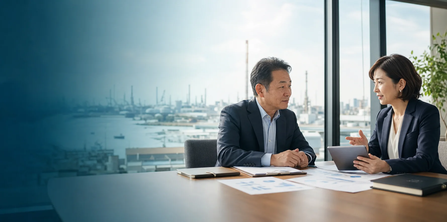 四日市周辺の会社譲渡について経営者と担当者が相談している様子